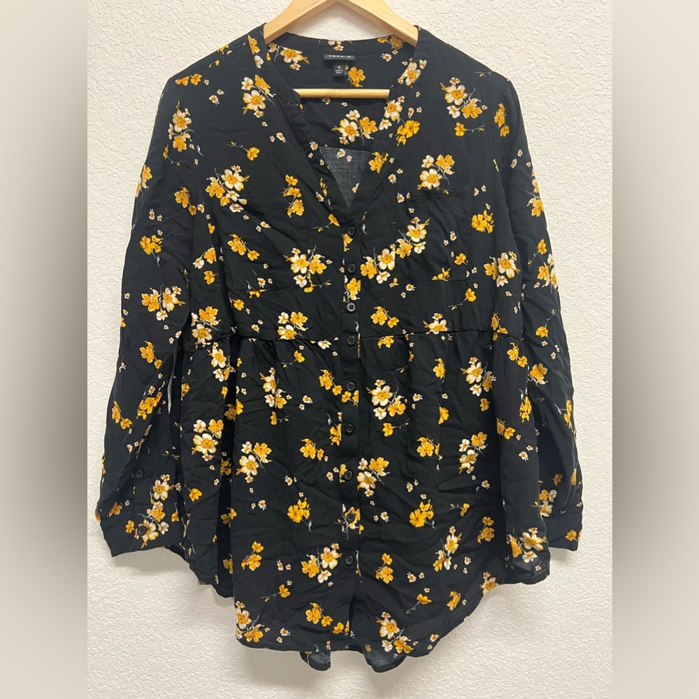 *Torrid Emma Long Sleeve Floral Black Yellow Challis Tunic Top Blouse Size 0 0X
